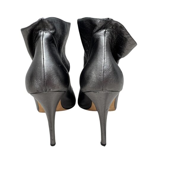 Manolo Blahnik Leather Gunmetal Peep Toe Ruched heel Booties women's sz 10.5 - Picture 6 of 11